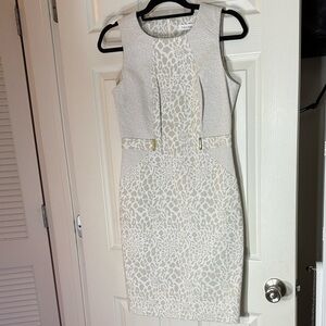Calvin Klein White Textured Mini Dress with Gold Trim